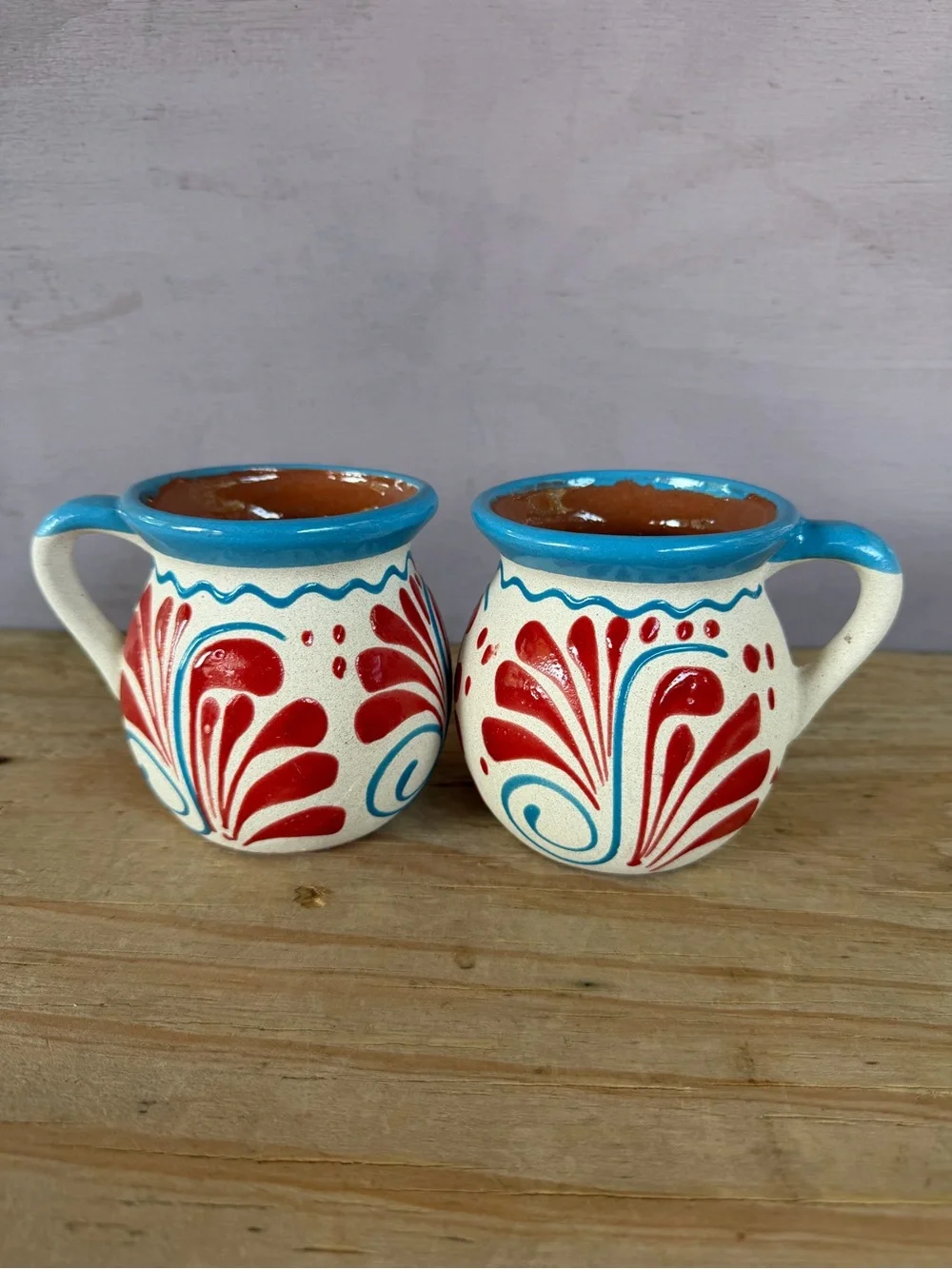 Hand-Painted Ceramic Mugs Set - Blue, Red & White
